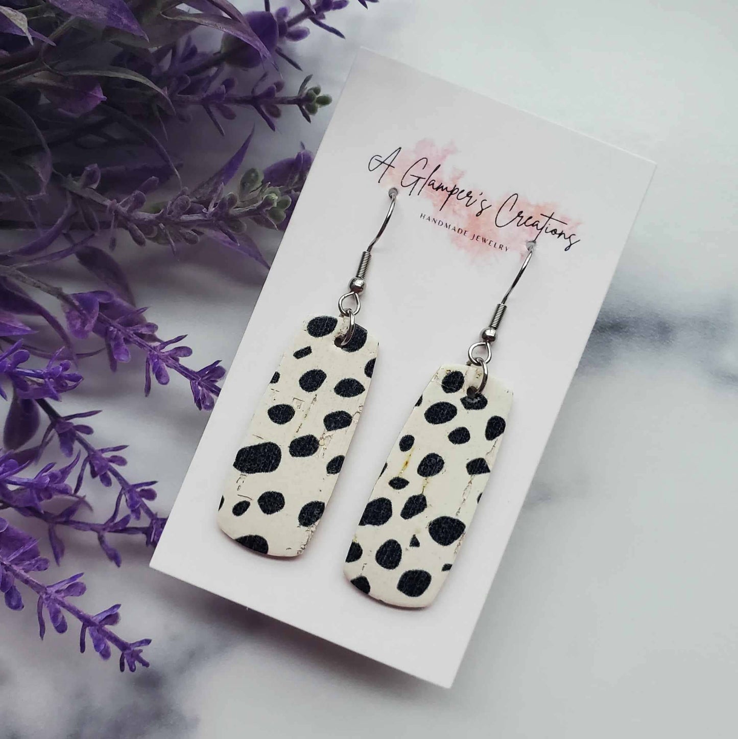 Black Dots on White Mini Bar Leather Earrings