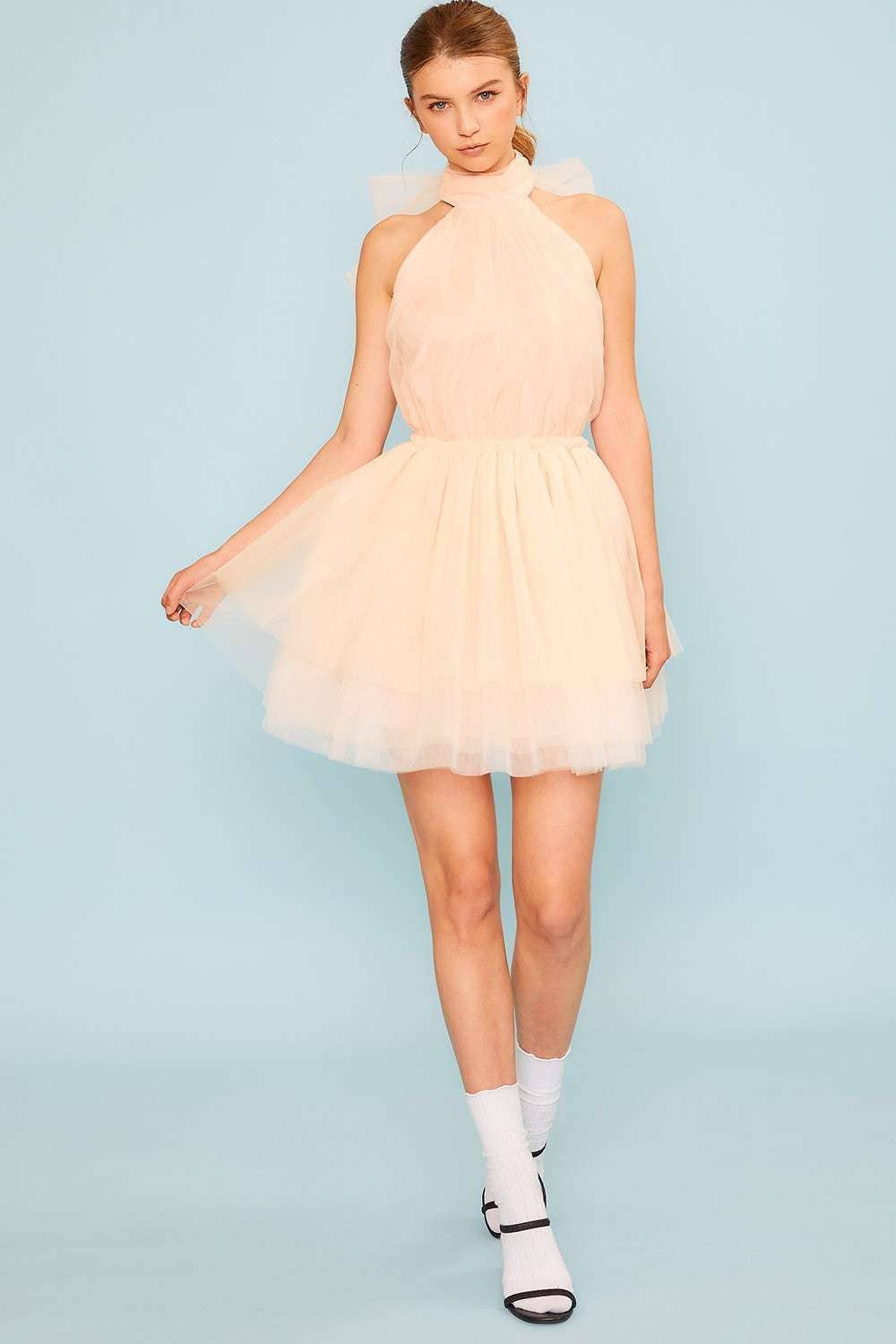 Bowtie Elastic Waist Skirt Ruffle Mesh Dress