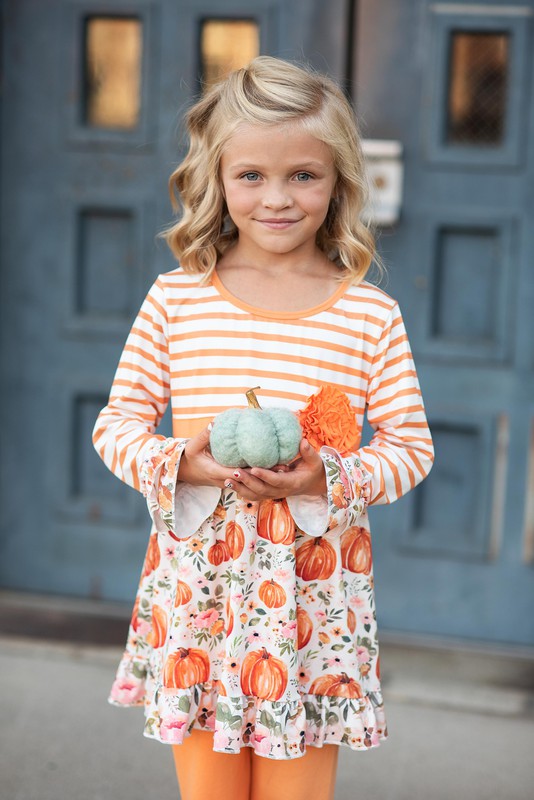 Kids Pumpkin Stripe Ruffle Pant Set