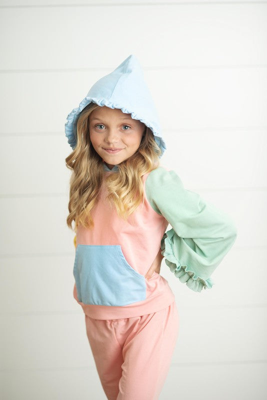 Kids Color Block Hooded Ruffle Set
