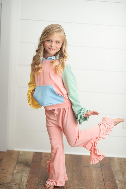 Kids Color Block Hooded Ruffle Set