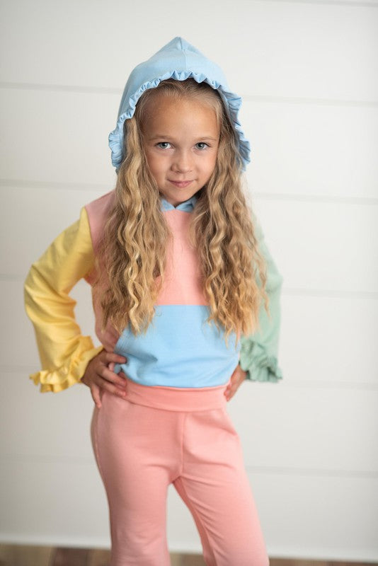 Kids Color Block Hooded Ruffle Set