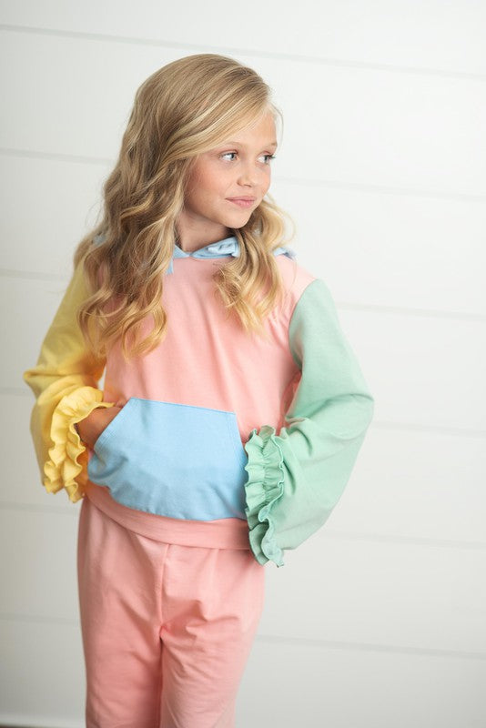 Kids Color Block Hooded Ruffle Set
