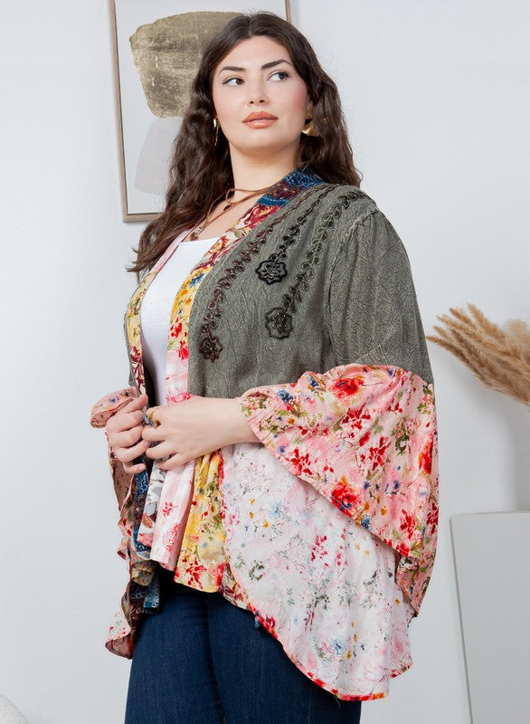 Plus Rayon Kimono Shrug w/ Embroidery