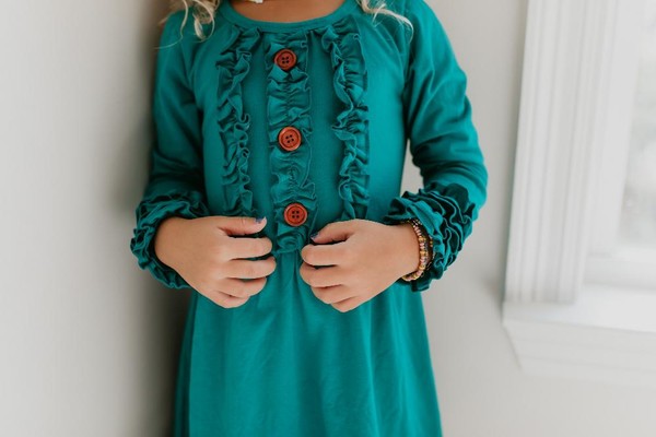 Kids Teal Ruffle Button Dress
