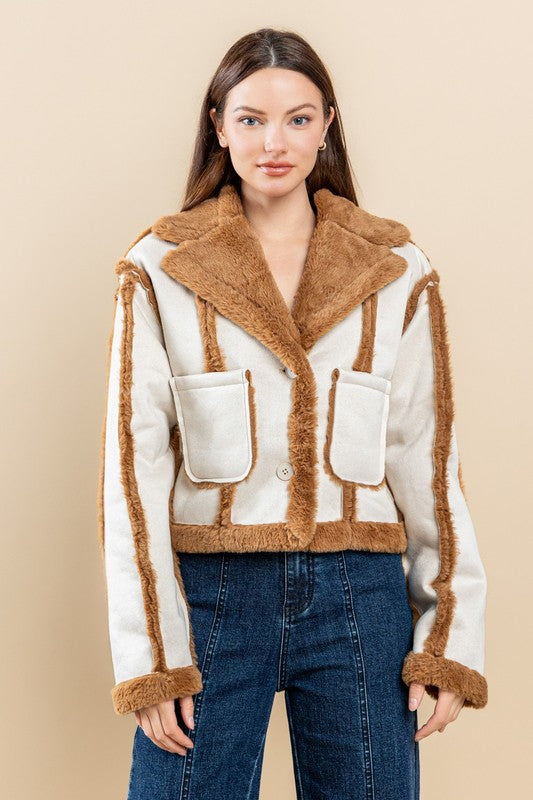 Contrast Fur Faux Suede Jacket