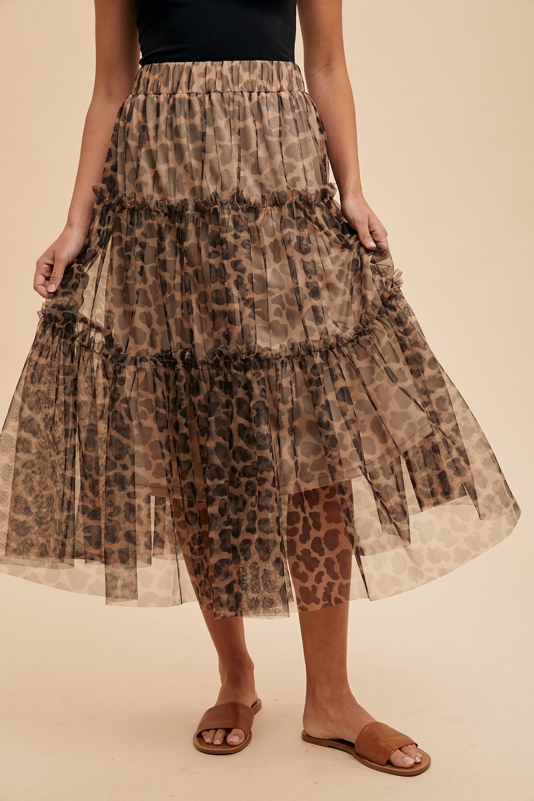 Leopard Print Tulle Tiered Midi Skirt