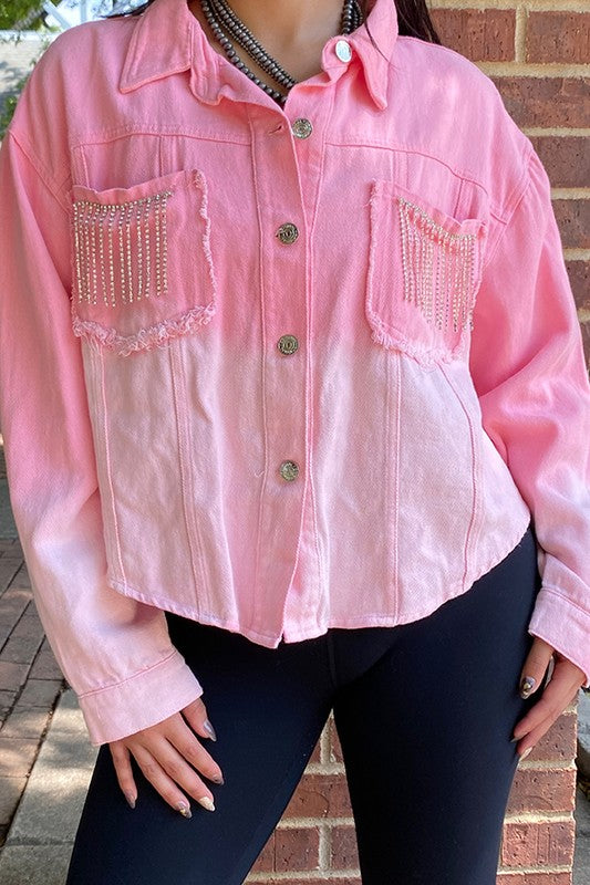 Plus Rhinestone Fringe Pink Gradient Denim Top