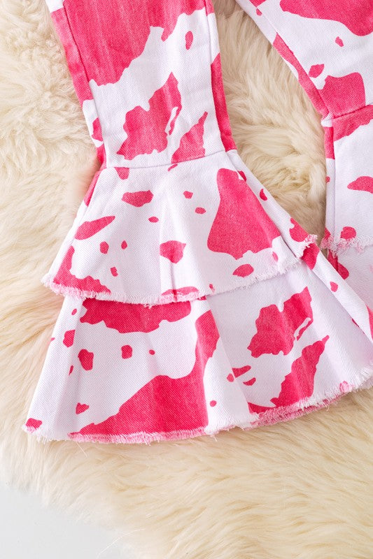 Girls Pink Cow Spotted Bell Jeans