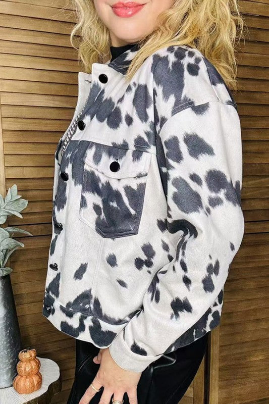 Plus Cow Printed Sleeved Jacket