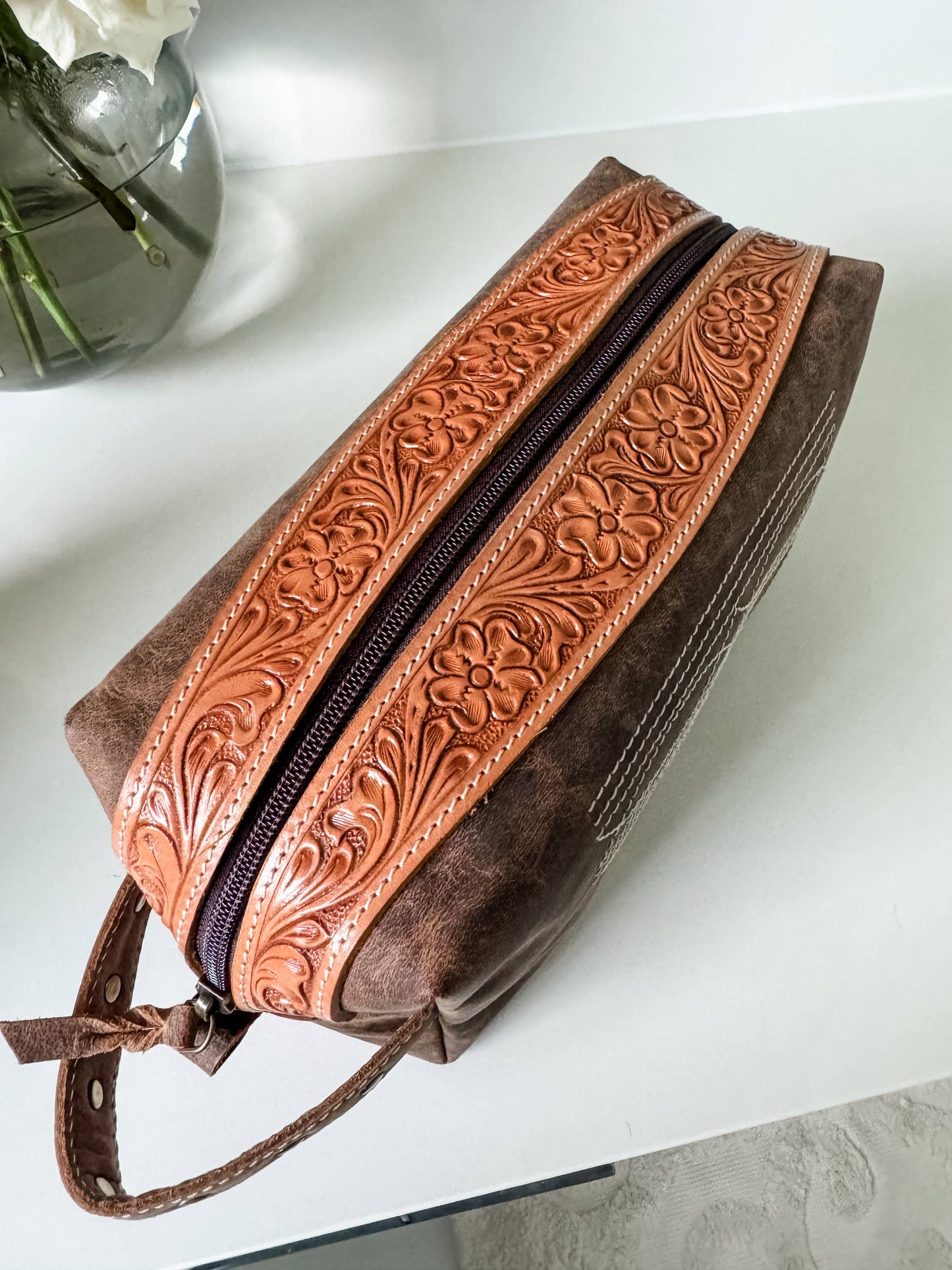 Boot Stitch Handtooled Leather Toiletry Makeup Shaving Bag