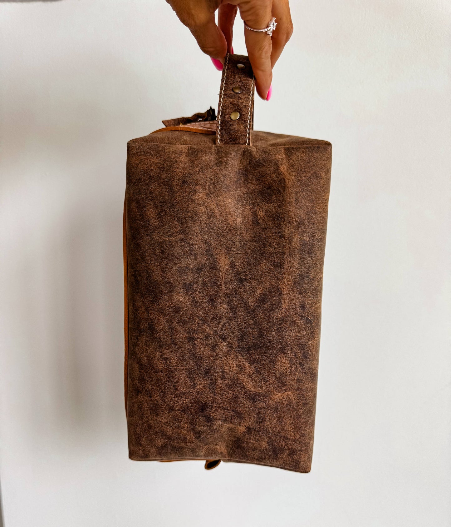 Boot Stitch Handtooled Leather Toiletry Makeup Shaving Bag