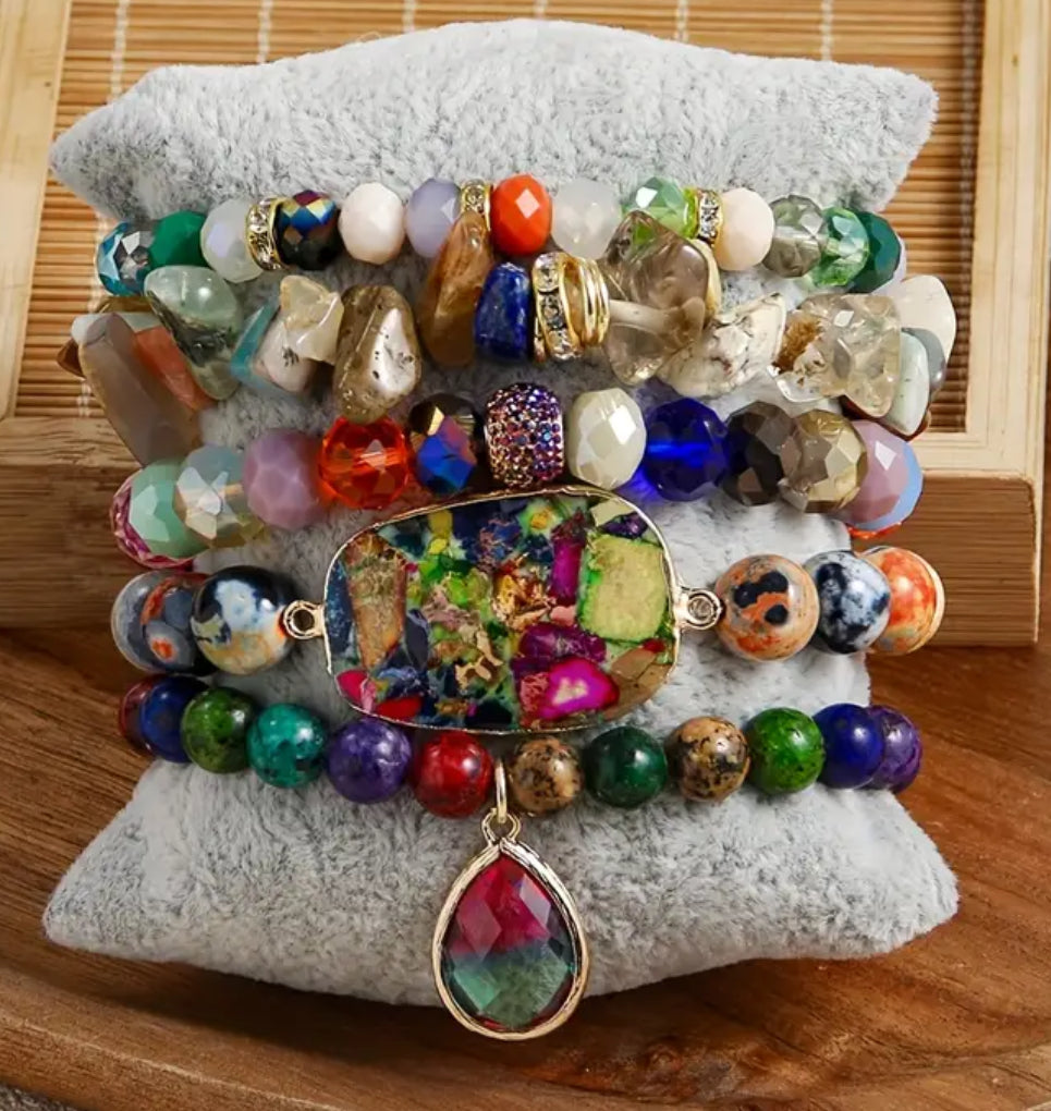 Natural Stone Glass Beaded Stack Bracelet