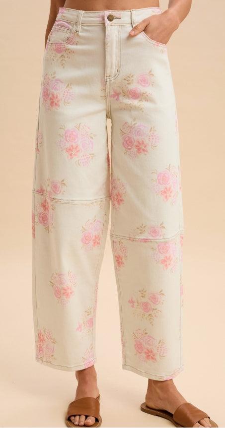 Floral Denim Barrel Pants