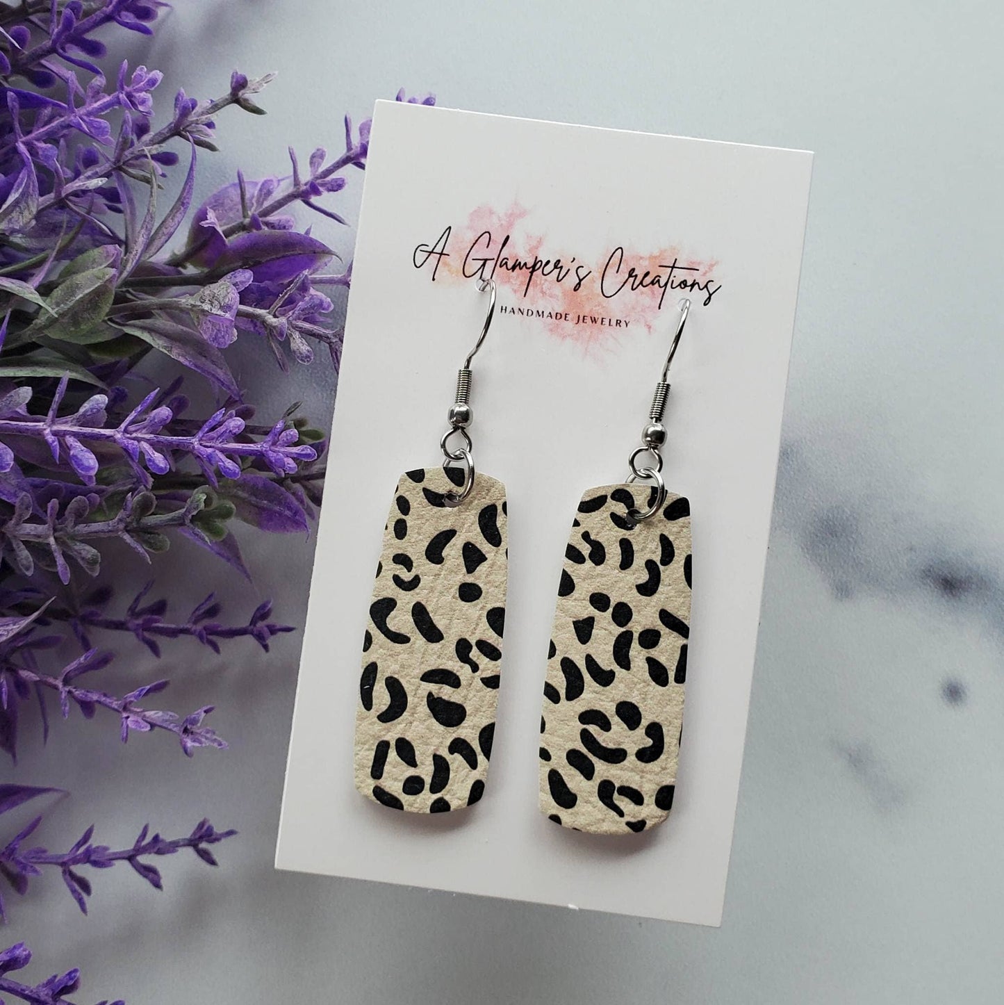 Light Tan & Black Leopard Mini Bar Leather Earrings