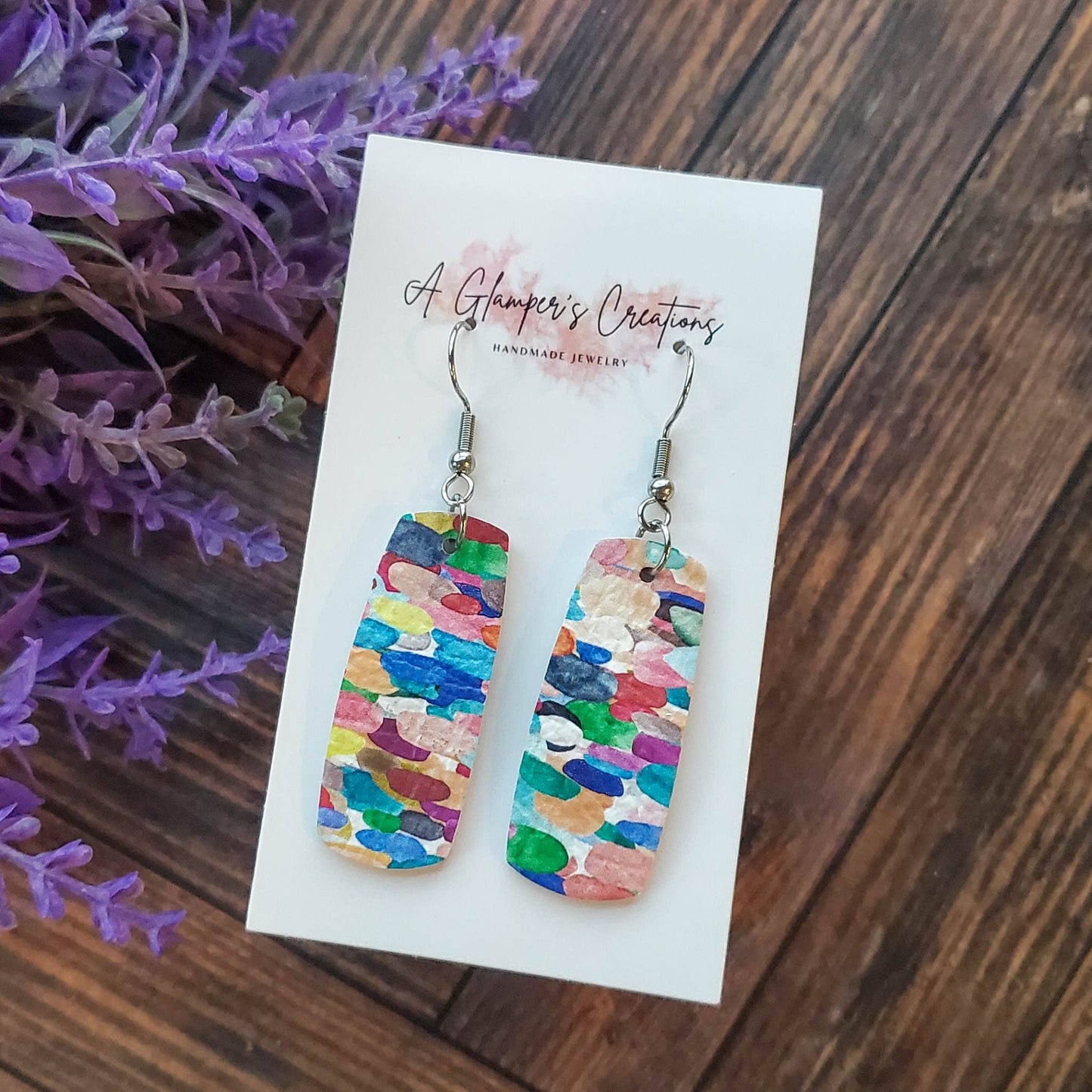 Multi Color Painted Dots Mini Bar Leather Earrings
