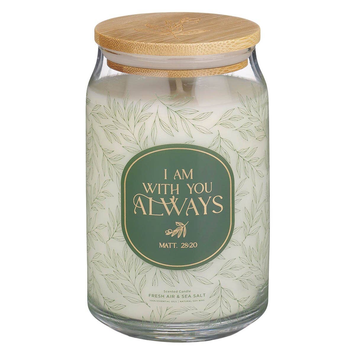 Glass Candle w/Bamboo Lid I Am With You Always Matt 28:20