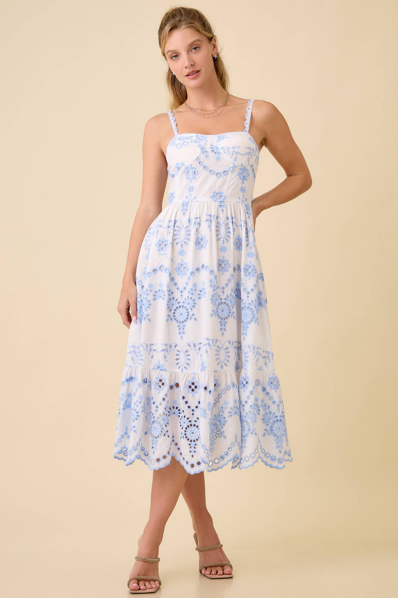 Midi Dress with Eyelet Fabric Detail and Scallop Hem