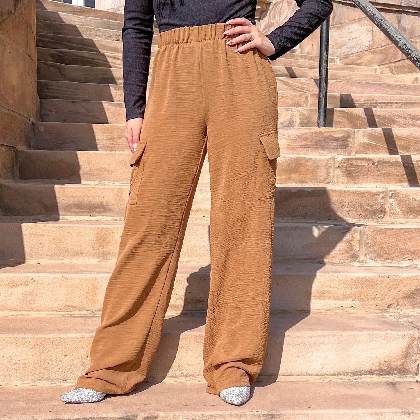 Brown Crinkled Cargo Pants