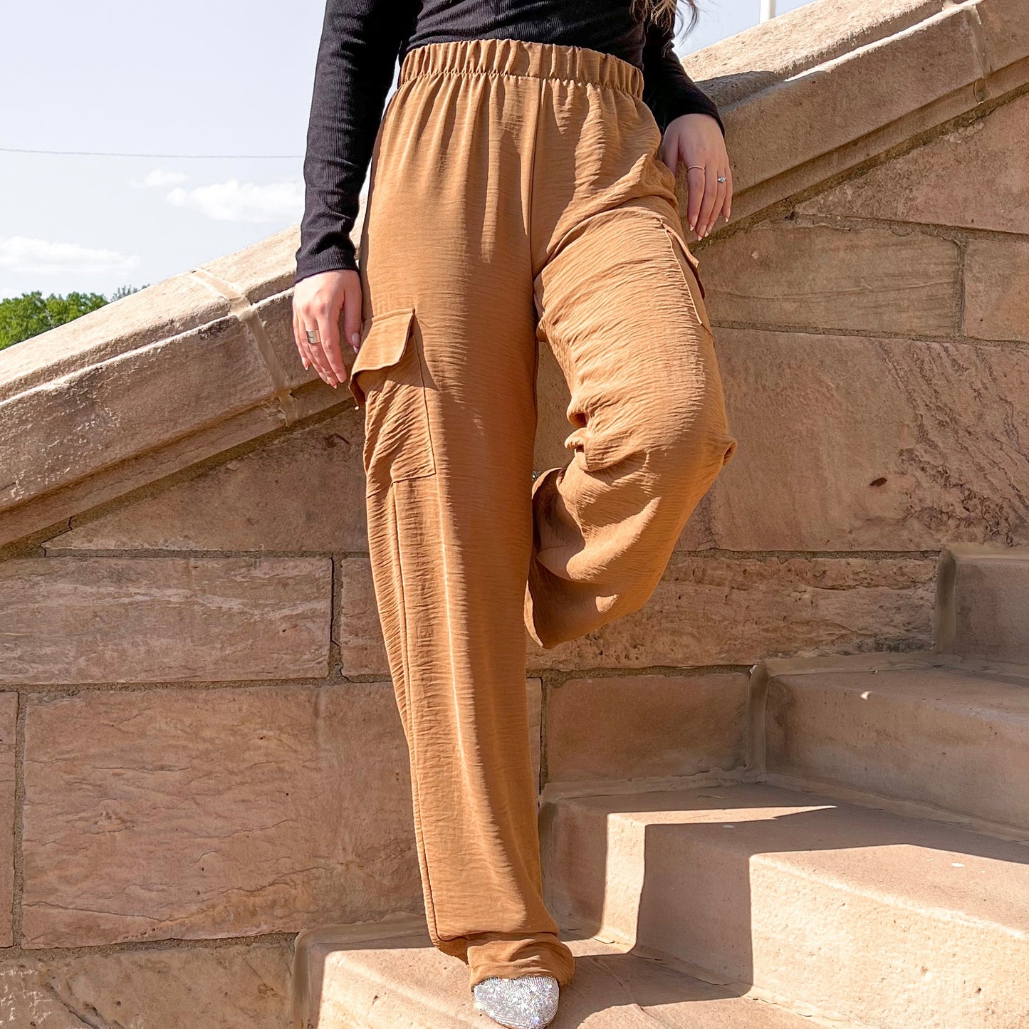 Brown Crinkled Cargo Pants