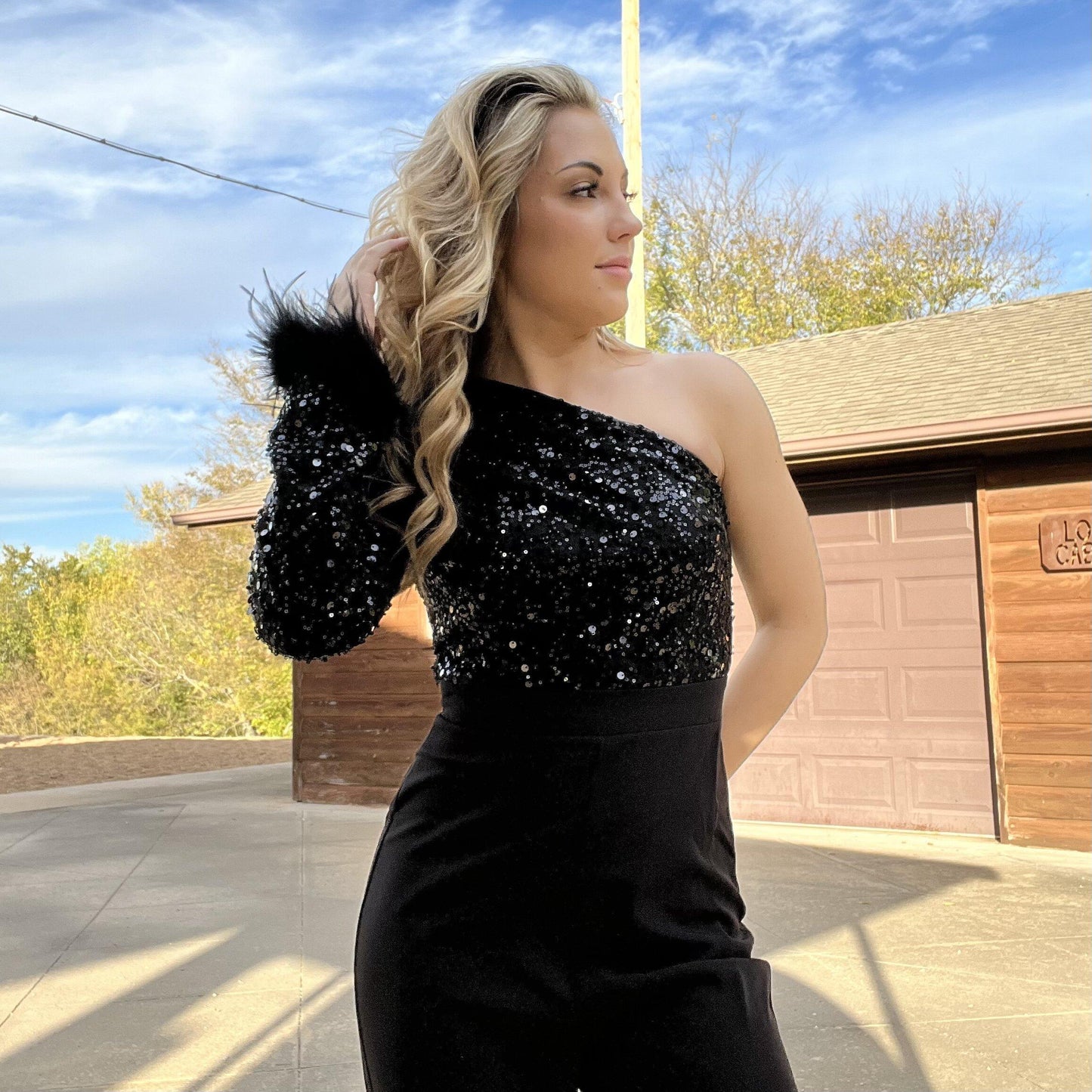 Black Sequin One Sleeve Jumpsuit