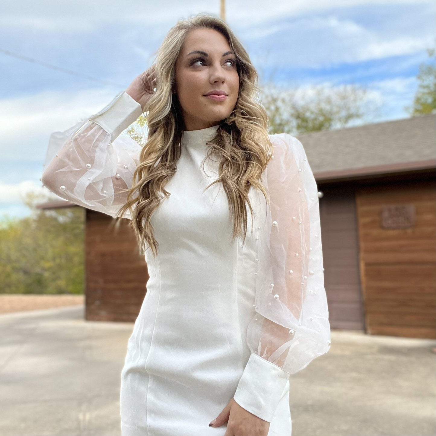 White Pearl Sleeve Mini Dress