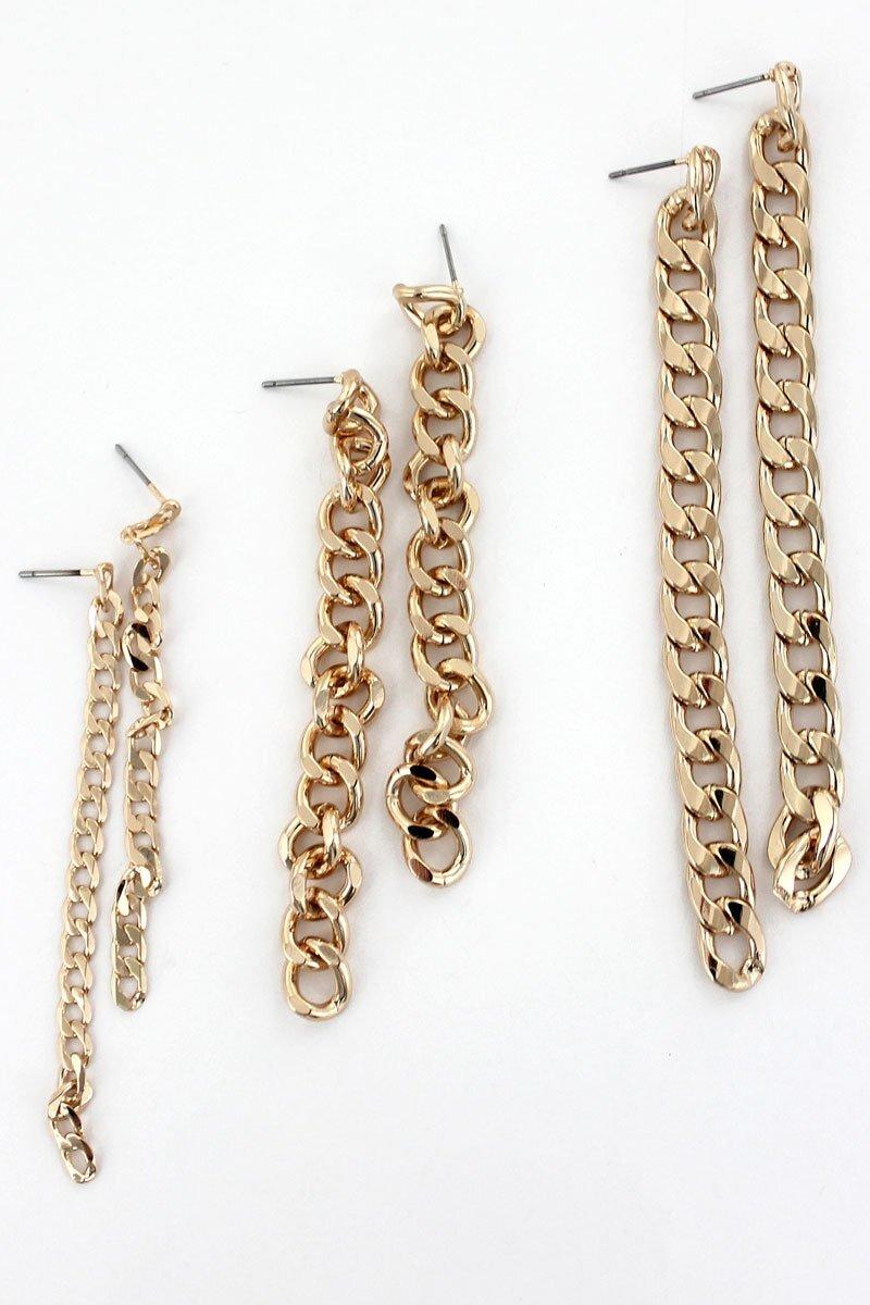 Goldtone Cuban Chain 3 Pair Earring Set