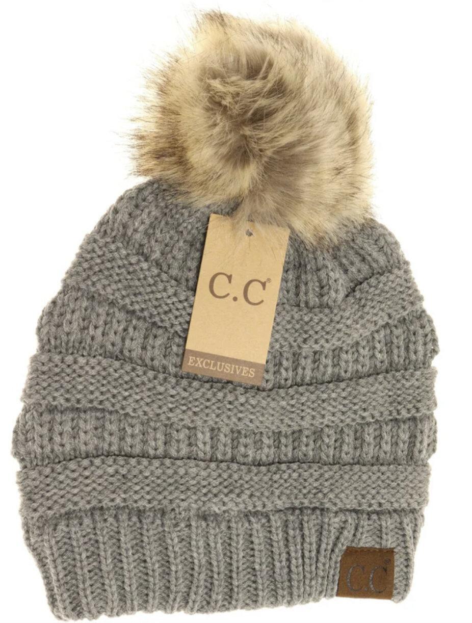 C.C Dark Gray w-Brown Puff Beanie