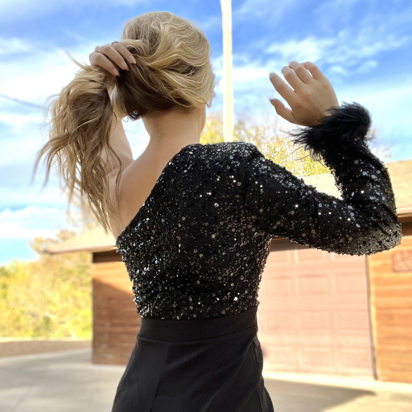 Black Sequin One Sleeve Jumpsuit