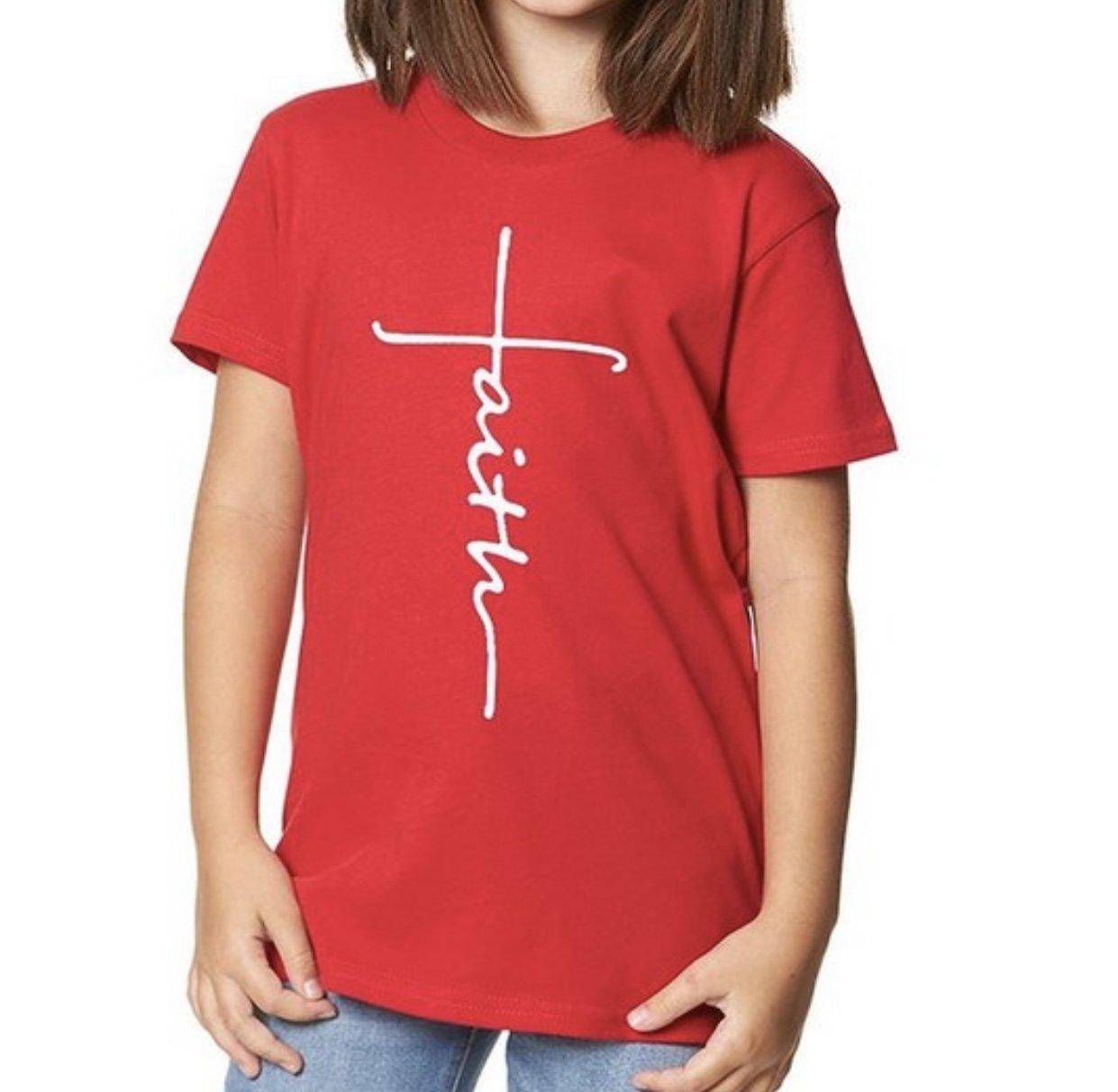 Girls Red Faith Print Tee