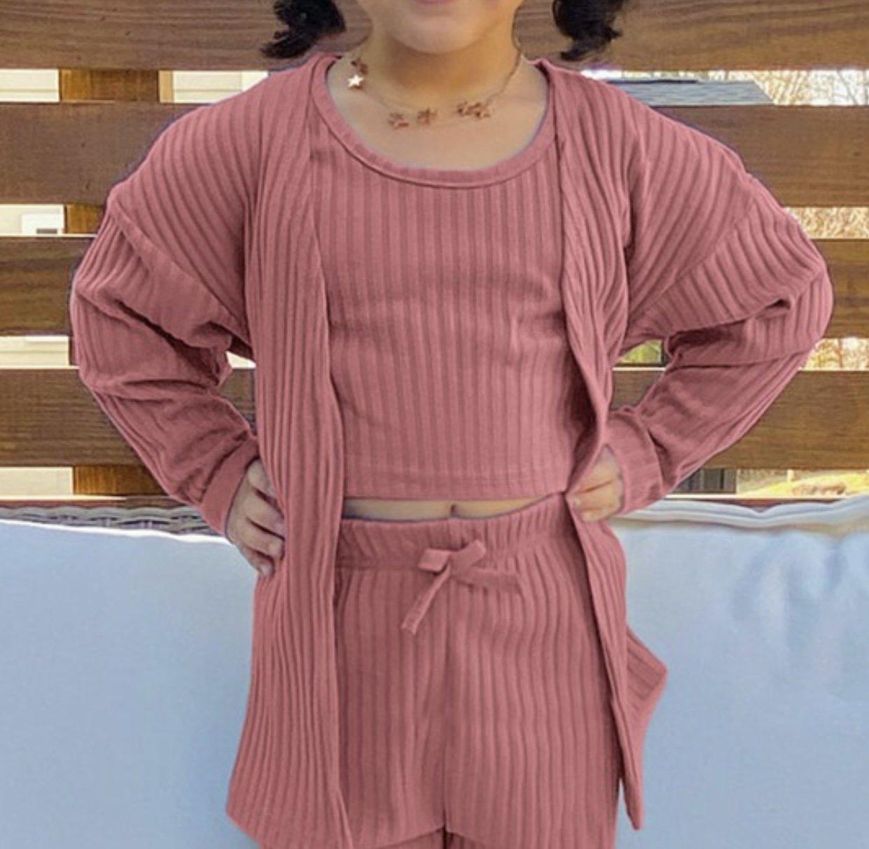 Girls Stretchable Ribbed 3 Piece Set-Blush Pink