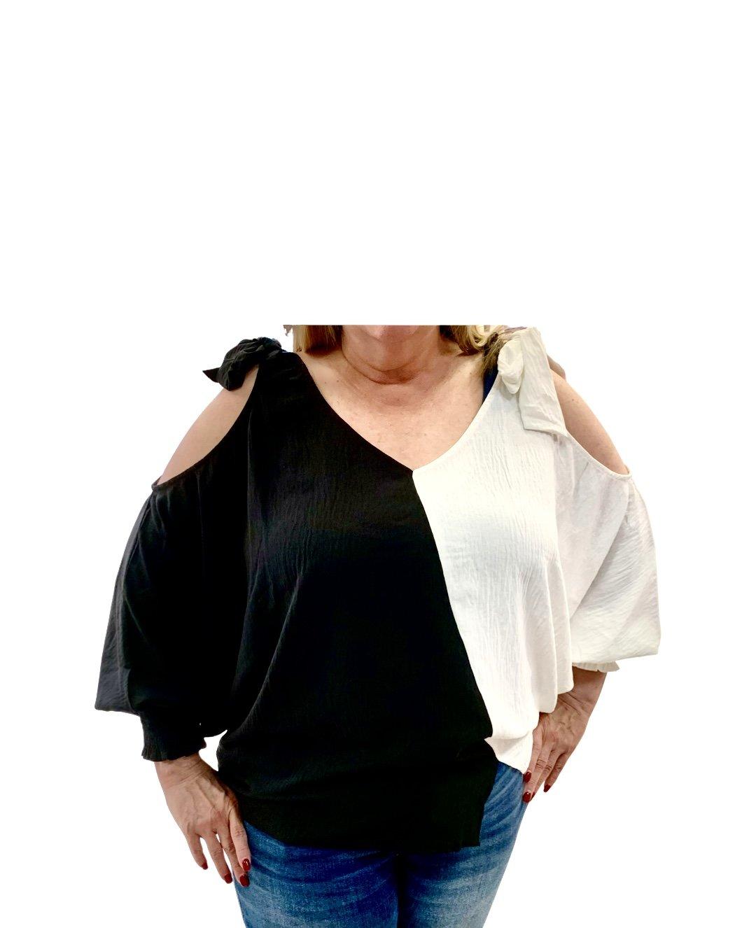 Plus Two-Tone Black-White Tie Blouse