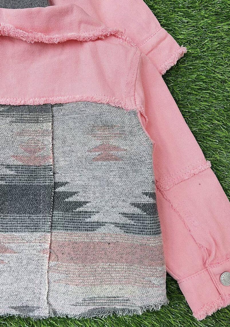 Kids Pink Denim Jacket with Aztec Print