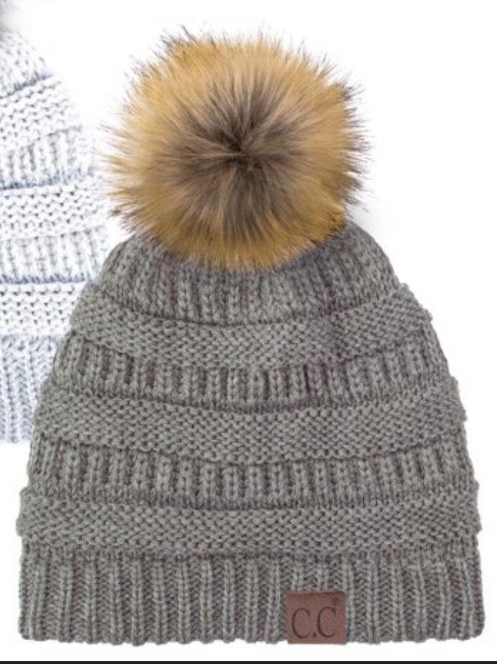 C.C Dark Gray w-Brown Puff Beanie