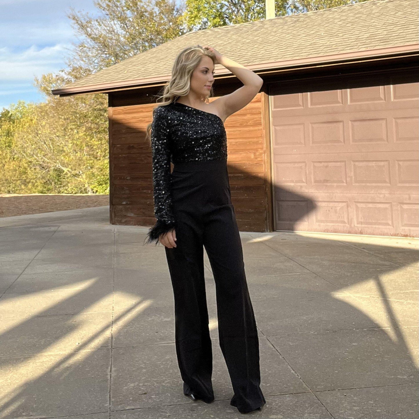 Black Sequin One Sleeve Jumpsuit
