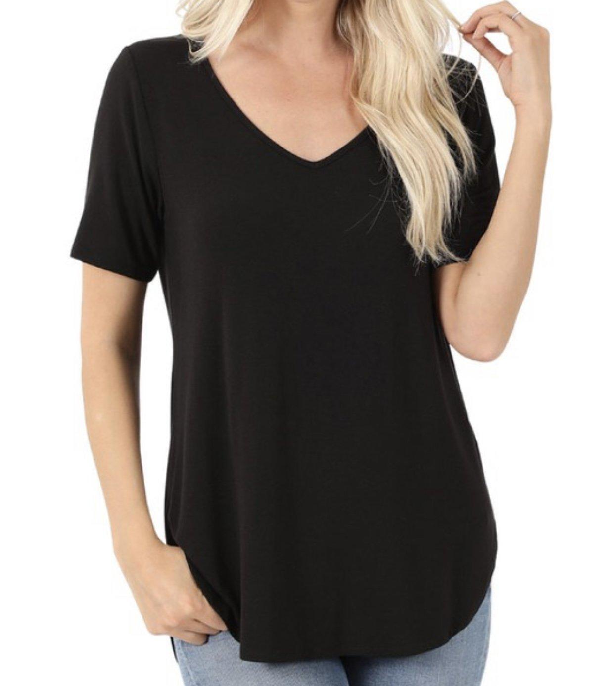 Plus Black Short Sleeve Hi-Low V-Neck Top