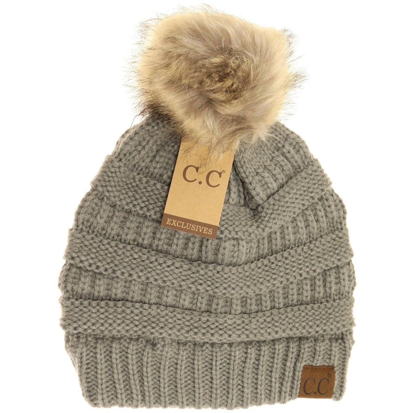 C.C Dark Gray w-Brown Puff Beanie