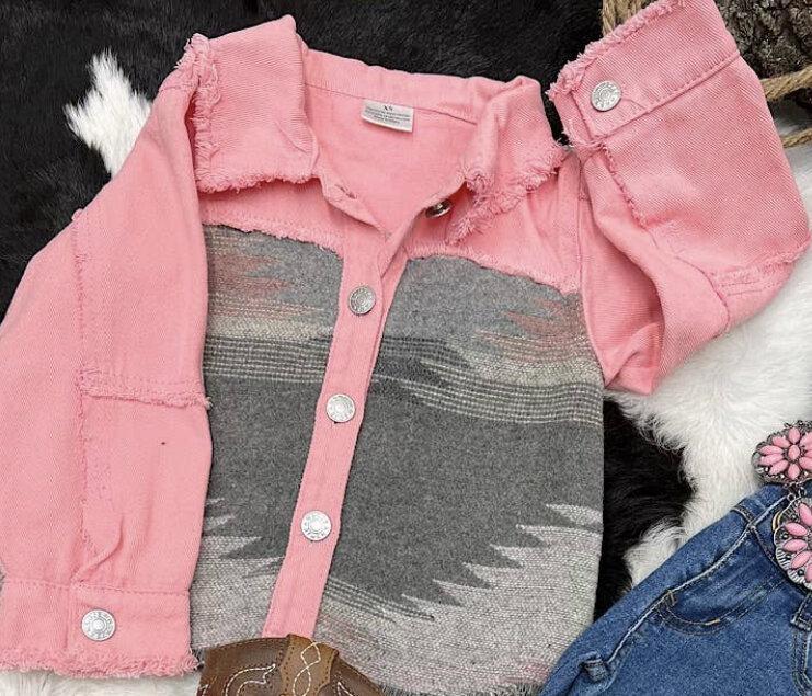 Kids Pink Denim Jacket with Aztec Print