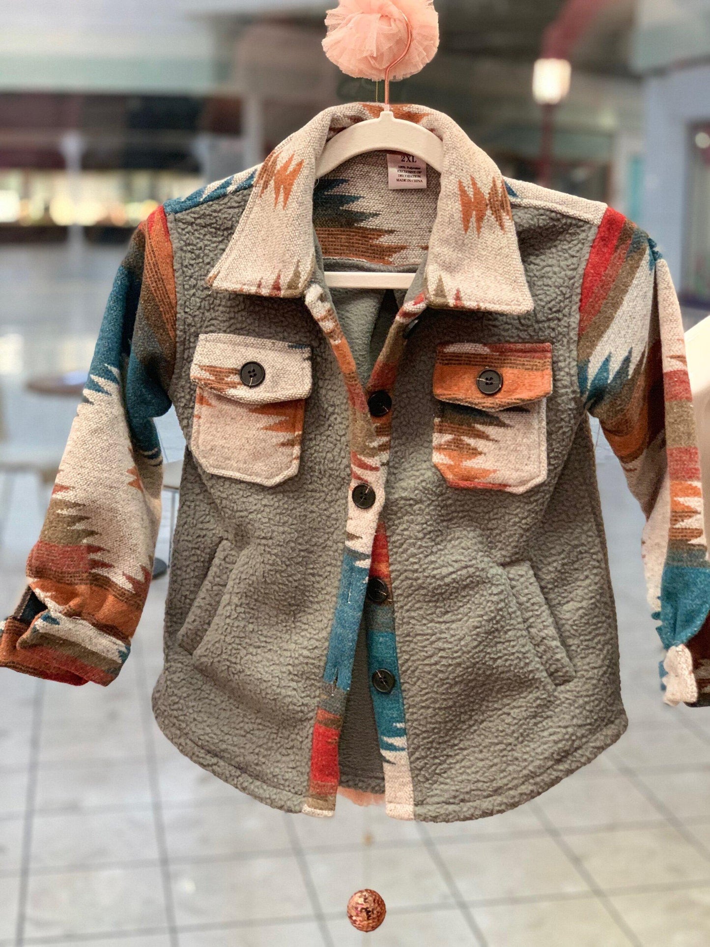 Kids Rust Aztec Grey Sherpa Jacket