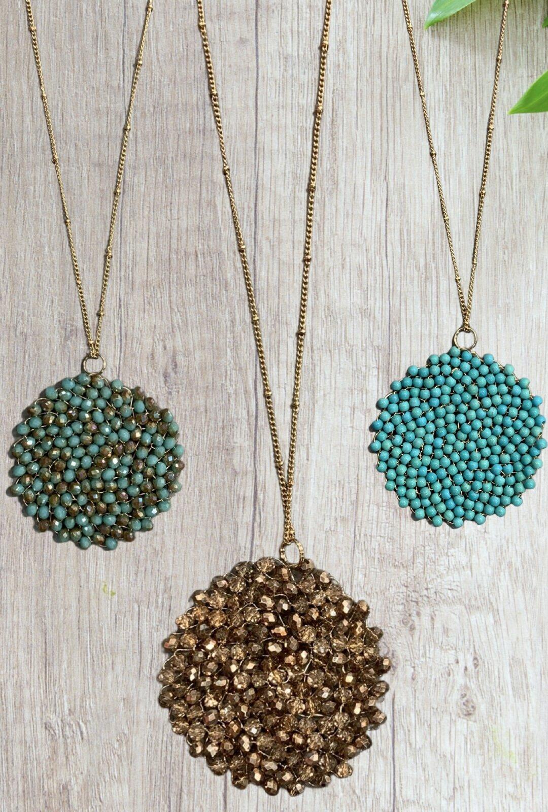 Beaded Circle Pendant Long Necklace