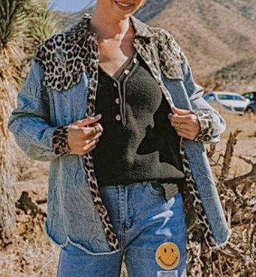 Plus Washed Denim Cheetah Shacket