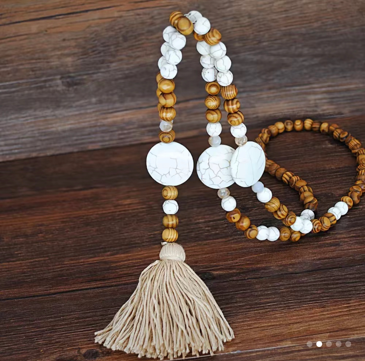 White 3 Round Stone Pendant Wooden Bead Necklace Tan