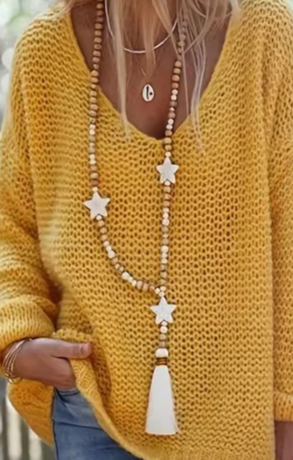 White 3 Star Stone Pendant Wooden Bead Necklace White