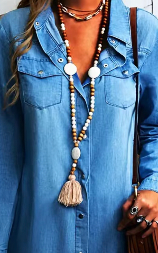 White 3 Round Stone Pendant Wooden Bead Necklace Tan