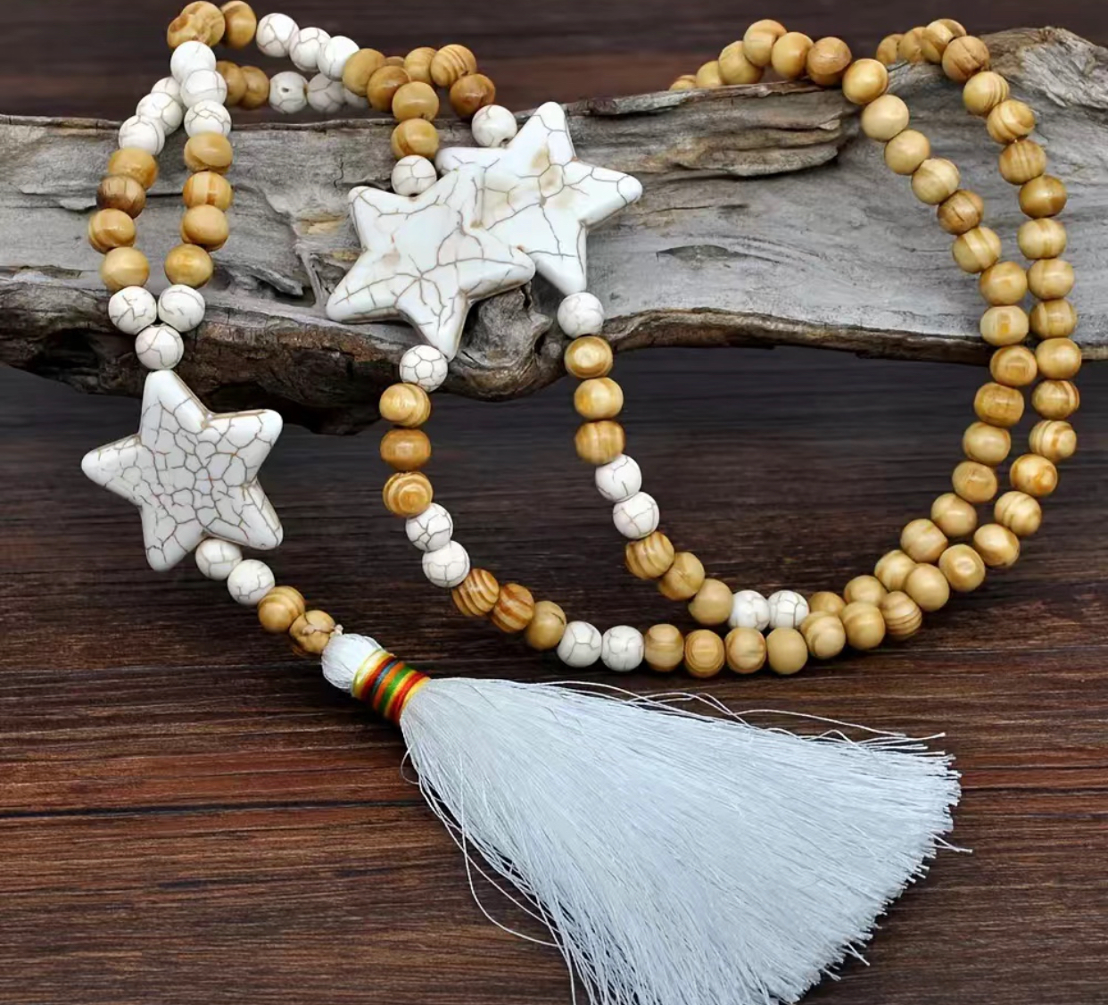 White 3 Star Stone Pendant Wooden Bead Necklace White
