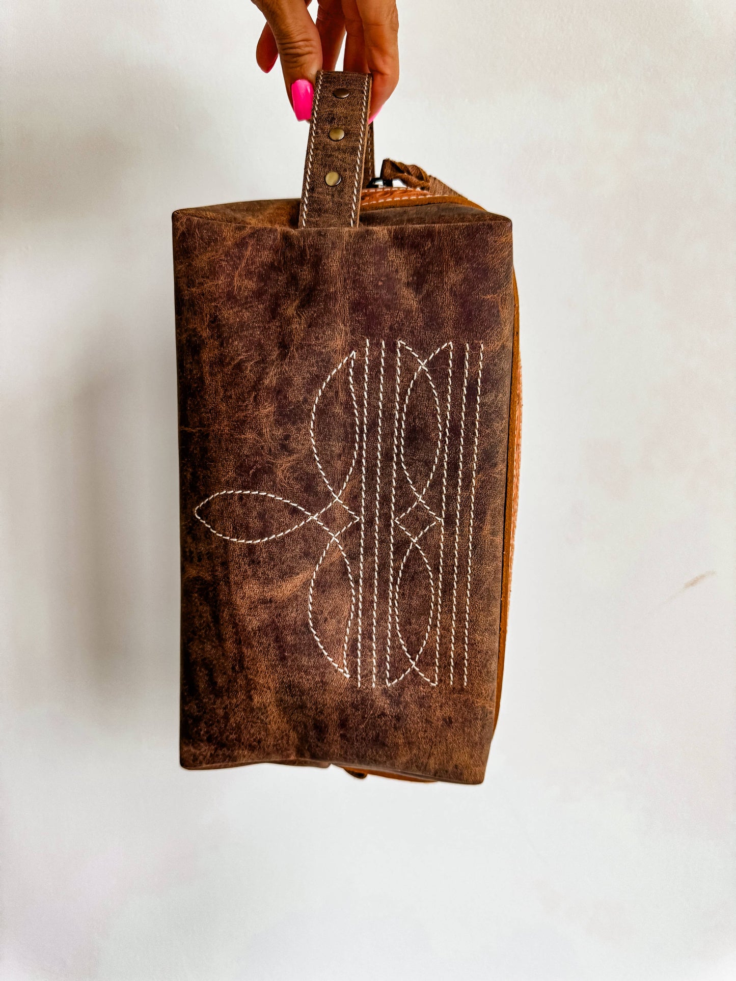 Boot Stitch Handtooled  Leather Toiletry Makeup Shaving Bag