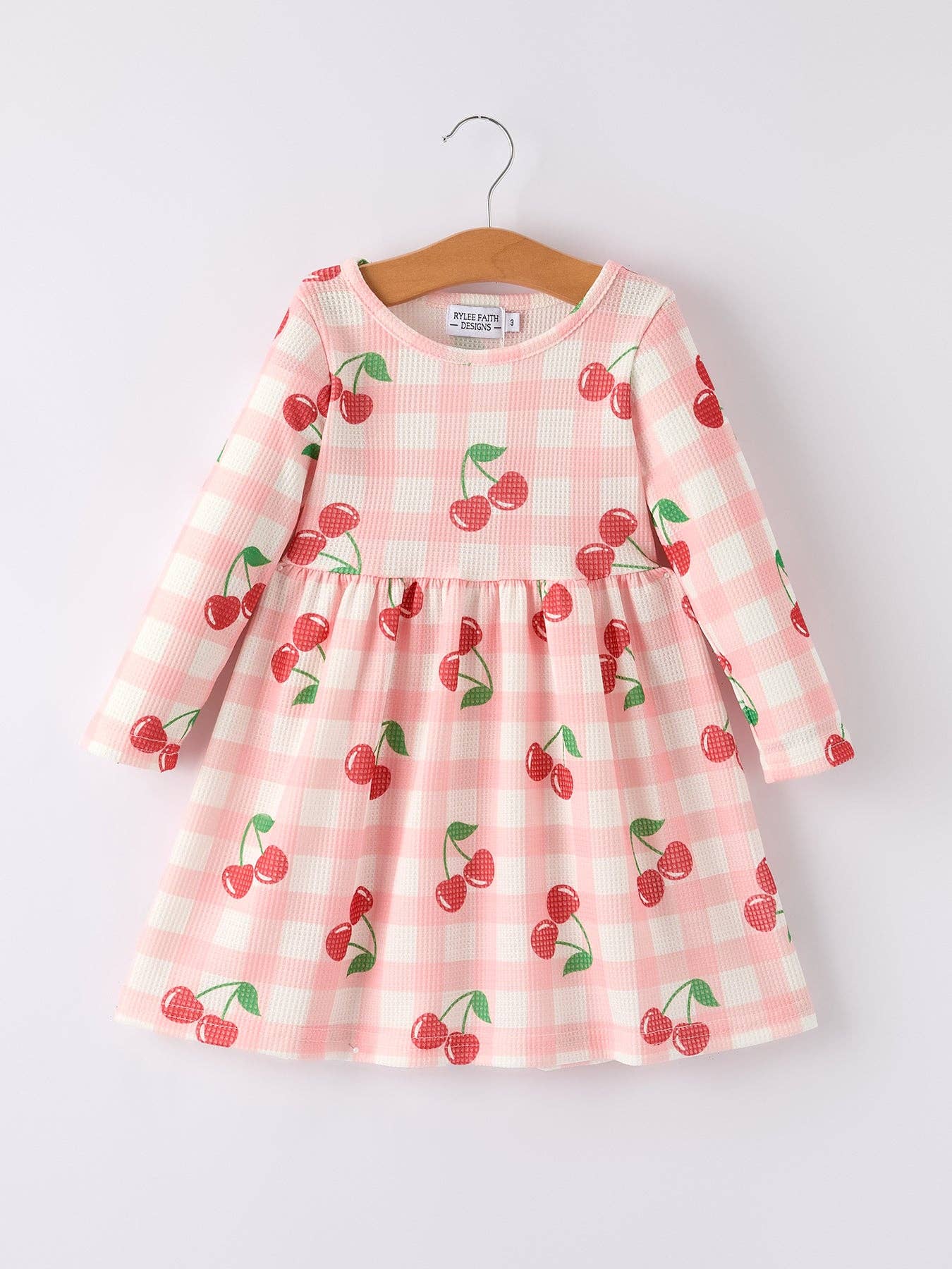 Girls Waffle Cherry Long Sleeve Dress