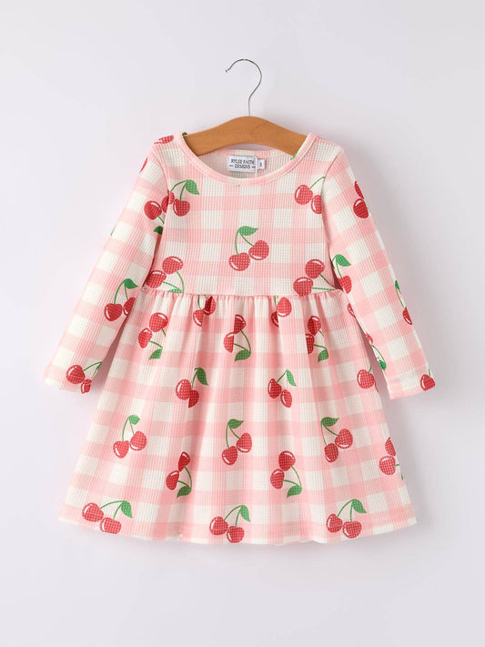 Girls Waffle Cherry Long Sleeve Dress