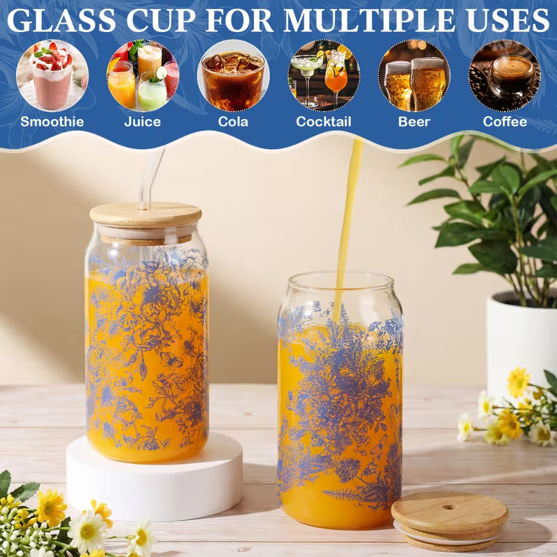 Blue Floral Glass Cup