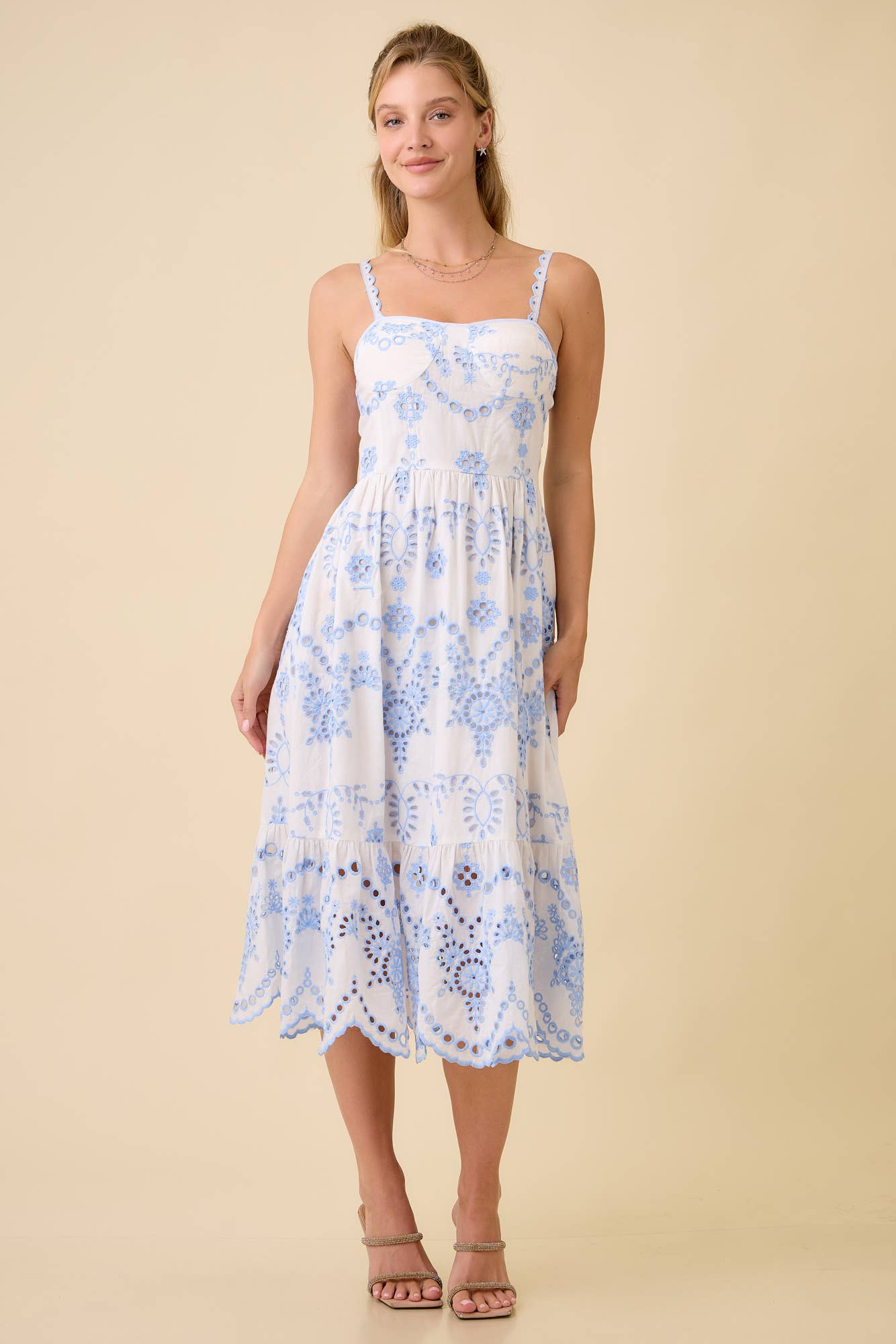 Midi Dress with Eyelet Fabric Detail and Scallop Hem